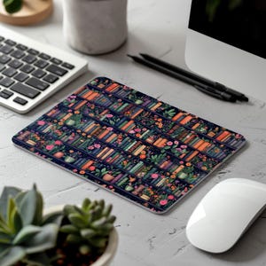 Dark Rose Bookshelf, Romantic Floral Library ,Vegan PU Leather Mouse Pad Mat, Office Desk & Computer Decor