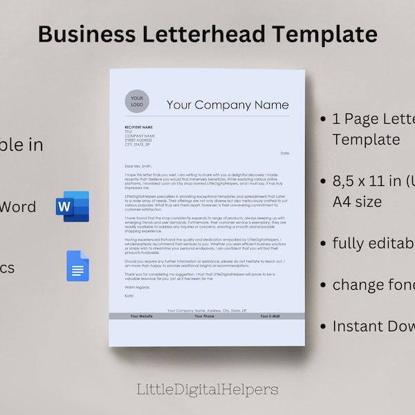 Company Business Letterhead Template Editable, Professional Corporate Letterhead with Small Logo, Modern Letterhead Printable Digital