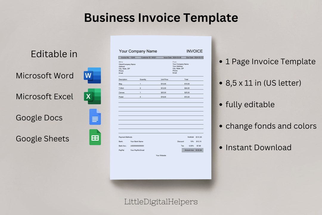 Editable Invoice Template Google Docs Word Google Sheets Excel Business ...