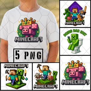 Op de afbeelding: Wit T-shirt met een Minecraft-ontwerp. De belangrijkste afbeelding is een gepixeld varken met een kroon, met het woord "Minecraft" eronder. Andere Minecraft-afbeeldingen zijn onder meer een creeper op het toilet met de tekst "Doing Dad Shit".
