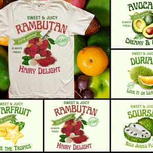 Pacote de frutas tropicais vintage PNG, clipart de abacate, rambutã, carambola, graviola, durião, arte em rótulos de frutas exóticas, camiseta de sublimação PNG