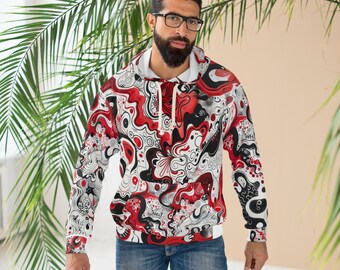 Sudadera con capucha abstracta roja negra blanca Doodle - Ropa de calle unisex hecha a mano - Diseño artístico único