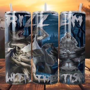 May include: A stainless steel tumbler with a straw, featuring a werewolf design. The artwork includes a snarling werewolf, a full moon, and the text "RIZZ WITH THE TISM" in silver glitter. The background has a dark blue and gray color scheme.