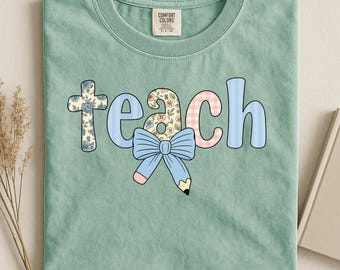 Preppy Teacher PNG, Teach Blue Floral Pencil Bow PNG, Everyday Teacher Design, Coquette Teacher Sublimation Clipart