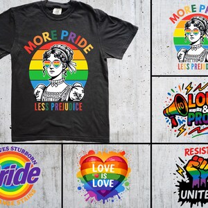 Op de afbeelding: Zwart T-shirt met een afbeelding van een vrouw met hartvormige zonnebril, een regenboogcirkel en de woorden "MORE PRIDE" en "LESS PREJUDICE". Andere ontwerpen zijn een regenbooghart, een vuist en een megafoon.