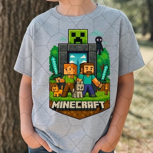 Mine-craft Cartoon Style Png of Movie Main Characters Group Shot, Pixel Gamer Squad Shirt Png, Trending Movie Png, Game Character Shirt