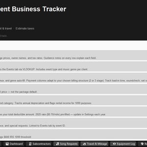 Puede incluir: Un rastreador de negocios digital para DJ y profesionales del entretenimiento en vivo. La interfaz incluye secciones para administrar reservas, rastrear pagos y registrar equipos. El texto en la pantalla dice "DJ & Live Entertainment Business Tracker".
