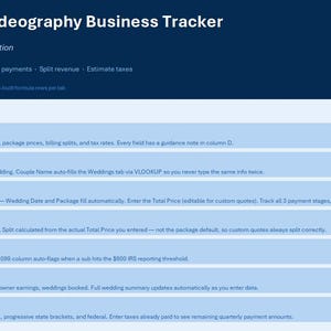 Puede incluir: Una hoja de cálculo digital titulada "Wedding Videography Business Tracker" con una combinación de colores azul y blanco. La hoja de cálculo está diseñada para una sociedad de 2 propietarios e incluye secciones para administrar clientes, rastrear pagos y estimar impuestos.