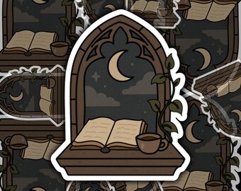 Pegatina gótica de biblioteca, estética acogedora de lectura nocturna, pegatina de biblioteca iluminada por la luna, regalo para amantes de los libros de Dark Academia