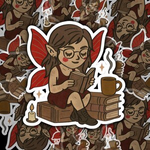 Bookish Fairy Sticker, Cozy Gothic Fairy Reading with Coffee and Books, Cute Fantasy Vinyl Sticker for Laptops, Journals & Water Bottles