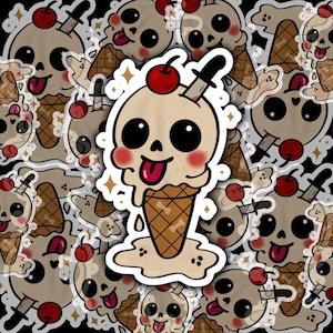 Creepy Cute Ice Cream Skull Sticker, Kawaii Spooky Cone and Cherry, Gothic Horror Sticker for Laptop, Journal & Water Bottle, Spooky Sticker
