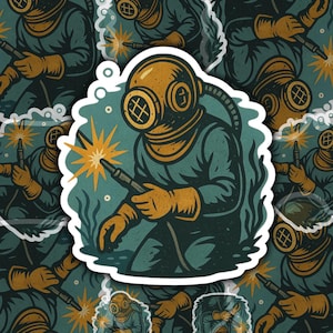 Vintage Diving Helmet Welder Sticker: Industrial Ocean Art Sticker