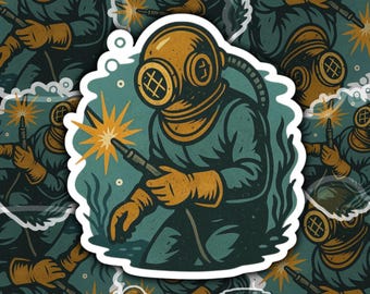 Vintage Taucherhelm Schweißer Sticker: Industrial Ocean Sticker
