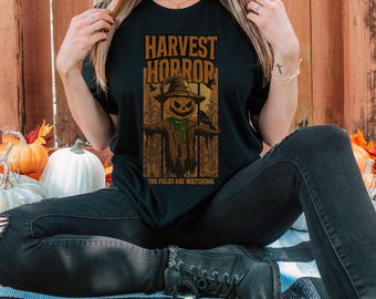 T-shirt oogsthorror vogelverschrikker, gotisch T-shirt met pompoenkop, griezelige herfstafbeelding