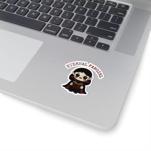 Sticker shaped like a black Puerto Rico license plate with the word "Bayamón", Isla del Encanto phrase, and Puerto Rican flags on both sides. 2in sticker with white outline on a laptop for reference.