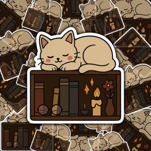 Gemütlicher Katzen Bücherregal Aufkleber | Schlafende Katze und Bücher Vinyl Aufkleber | Cottagecore Bookish Katzenaufkleber | Gemütlicher Herbst-Sticker