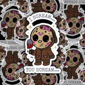 I Scream You Scream Kawaii Horror Sticker - Cute Scary Ice Cream Mask Character - Creepy Cute Slasher Inspired Vinyl Sticker for Laptop