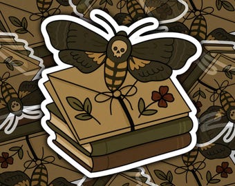Pegatina de polilla de libros, pegatina gótica para amantes de los libros, pegatina de lectura de Dark Academia, estética de libros de polilla de calavera, regalo para el lector
