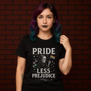 Pride Less Prejudice t-shirt - Goth Pride Shirt, Skeleton LGBTQ+ Tee, Queer Inclusive Pastel Grunge Shirt, Pride Month Outfit