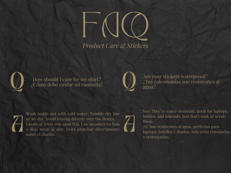 FAQ Frequently Asked Questions in English and Spanish about product care and stickers.