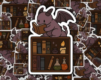 May include: A sticker featuring a cartoon dragon reading a book atop a bookshelf. The dragon is purple with horns and wings. The bookshelf is brown and filled with books, candles, and potion bottles. The background is a repeating pattern of the same image.