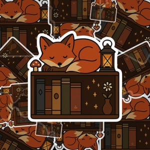Sleeping Fox Bookshelf Sticker - Cute Forest Animal Vinyl Sticker for Book Lovers, Cozy Fall Decor, Cottagecore Aesthetic