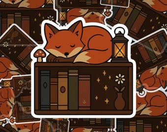 May include: A sticker featuring a sleeping fox on a bookshelf. The fox is orange and cream-colored, resting on a brown shelf with books, a mushroom, a lantern, and a vase with a flower. The background is filled with similar stickers.