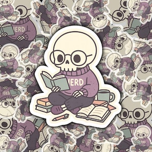 Cute Book Nerd Skeleton Sticker - Reading Skull Vinyl Sticker for Laptop, Journal, or Kindle - Bookish Goth Gift for Readers