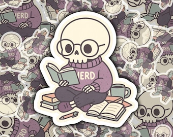 Pegatina de esqueleto de nerd de libros: pegatina para portátil de lector gótico