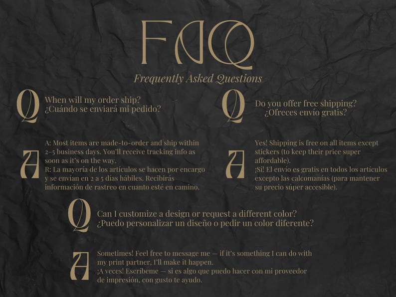 FAQ Frequently Asked Questions in English and Spanish about shipping.