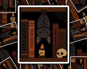 May include: A square sticker featuring a cartoon bat hanging upside down above a candle and skull on a bookshelf. The books are labeled "Crypt Tales", "The Howl", and "Darkness Within". The sticker has a black background with repeating images.