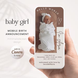 Anuncio de nacimiento de niña en formato digital para móvil, plantilla de imagen de llegada de bebé personalizada y editable, tarjeta electrónica de llegada de bebé personalizada, edición de Canva