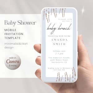 Mobiele elegante babybrunchuitnodiging digitale, aangepaste elektronische uitnodiging voor een babyshower, minimalistische eenvoudige sjabloon bewerkbaar in canvas