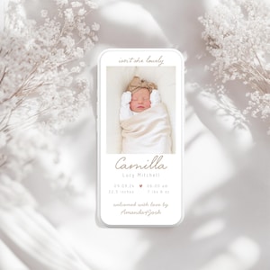 Digitale kaart aankomst babymeisje, geboortekaartje mobiele baby meisje, e-card babyintroductie, sjabloon pasgeboren omroeper direct bewerken Canva