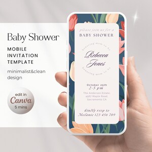 Mobiele elegante babyshoweruitnodiging Digitale, aangepaste elektronische uitnodiging voor een babyshower, minimalistische eenvoudige sjabloon bewerkbaar in canvas