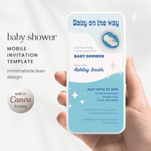 Digitale babyshoweruitnodiging, bewerkbare mobiele minimalistische uitnodiging voor een babyshower, funky elektronische sjabloon, direct bewerken in canvas