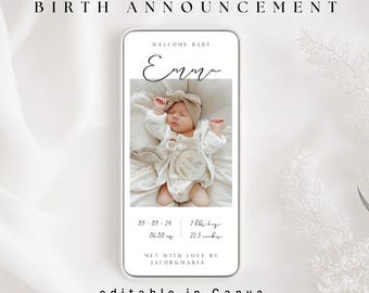 May include: A digital birth announcement featuring a baby named Emma. The announcement includes the baby's birth date, time, weight (3.4 kg), and length (57.2 cm). The text "Hello World" is on a wooden disc.