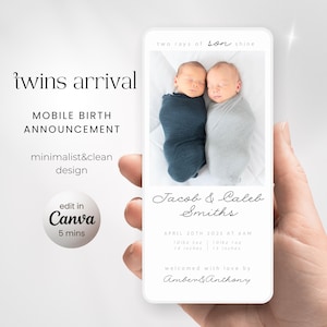 Faire-part de jumeaux mobile, modèle de carte pour l'arrivée de petits garçons, faire-part de naissance de jumeaux nouveau-né sans papier, faire-part de naissance de jumeaux modifier sur Canva