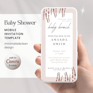 Mobiele elegante babybrunchuitnodiging digitale, aangepaste elektronische uitnodiging voor een babyshower, minimalistische eenvoudige sjabloon bewerkbaar in canvas