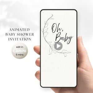 Sjabloon videobaby showeruitnodiging, papierloze babyshoweruitnodiging, aangepaste minimalistische genderneutrale uitnodigingen - direct te bewerken op canvas