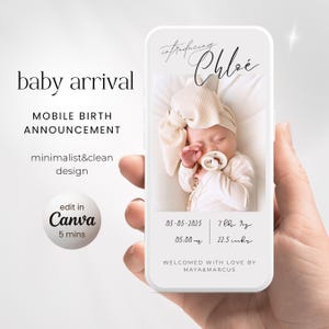Newborn Baby Birth Announcement Template, New Born Baby Arrival Digital, Baby Birth Introduction, Mobile Baby Announcement Edit in Canva