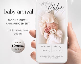 Minimalist Mobile Baby Birth Announcement Template: Edit in Canva (Digital Download)