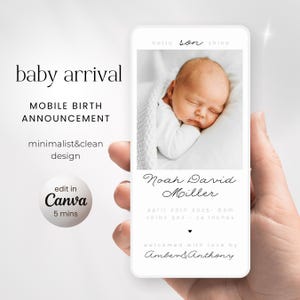 Mobiele aankondiging pasgeboren babyjongen, papierloze aankomstkaart baby, elektronische introductie-ecard babyjongen, sjabloon bewerkbaar in canvas