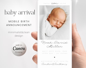 Tarjeta electrónica de anuncio de nacimiento, plantilla editable de foto de recién nacido, diseño personalizado de Canva