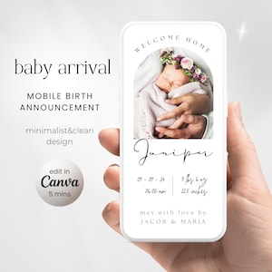 Plantilla de anuncio de nacimiento de niña, anuncio digital de llegada de bebé recién nacido, presentación del nacimiento de un bebé, edición de anuncio de bebé móvil en Canva