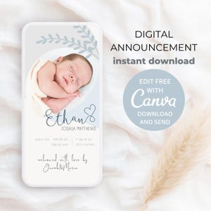 Plantilla de anuncio de bebé niño estilo bohemio, anuncio de recién nacido, anuncio de nacimiento digital, tarjeta electrónica de anuncio de bebé para móvil