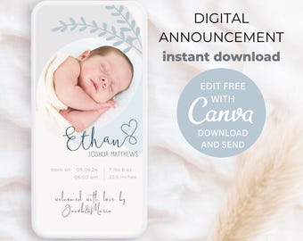 Boho Baby Boy Announcement Ecard, Mobile Baby Arrival Introduction (Editable Canva Template)