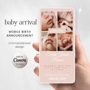 Plantilla de tarjeta de anuncio de bebé niña para móvil, tarjeta electrónica de bienvenida para recién nacida, enviar anuncios de nacimiento, bienvenida a la llegada de una niña - Canva
