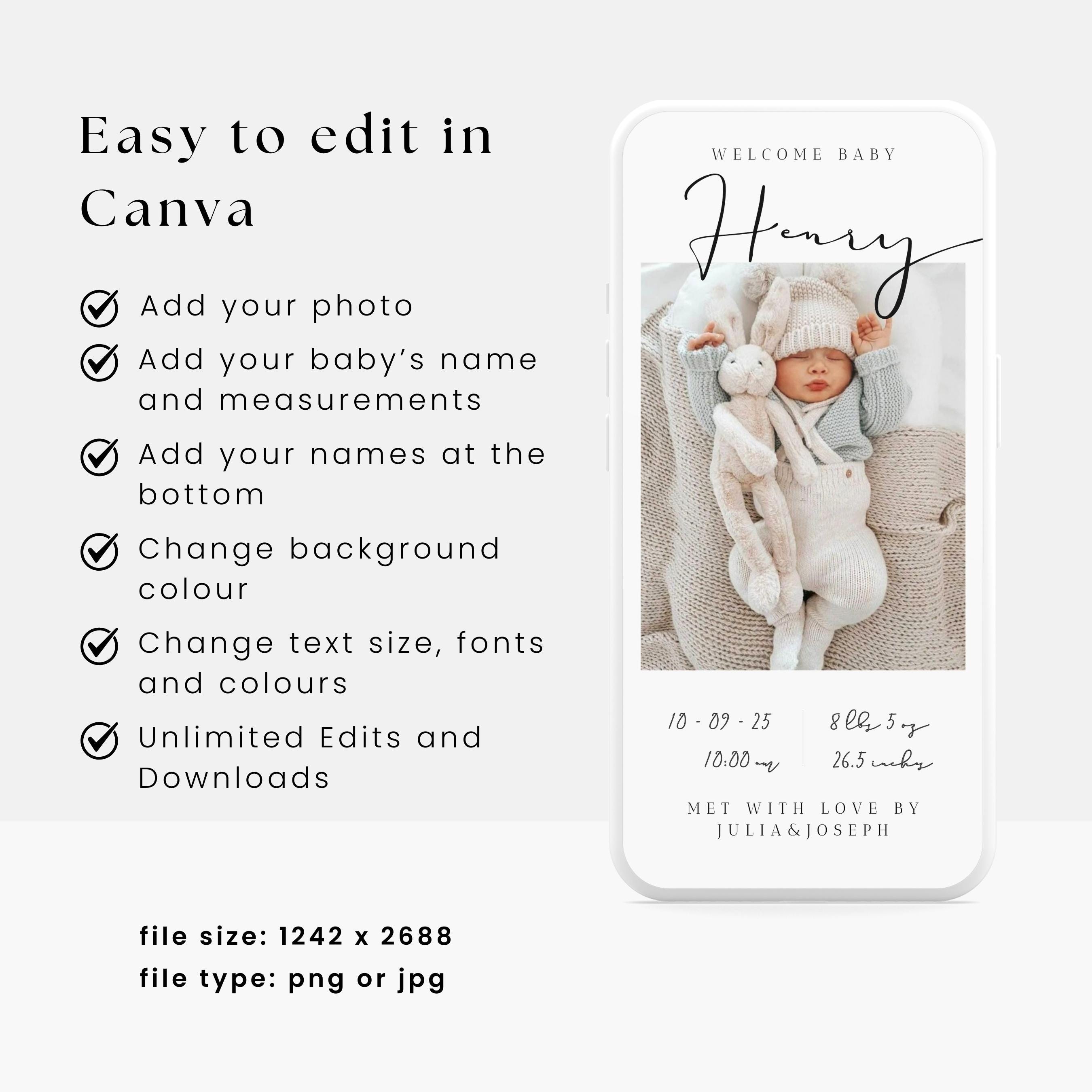 Modern Mobile Birth Announcement Template Minimalist Newborn Photo
