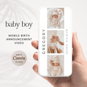 Modèle de faire-part nouveau-né vidéo mobile pour bébé garçon animé numérique Introduction Evite Ecard Modèle Canva personnalisable
